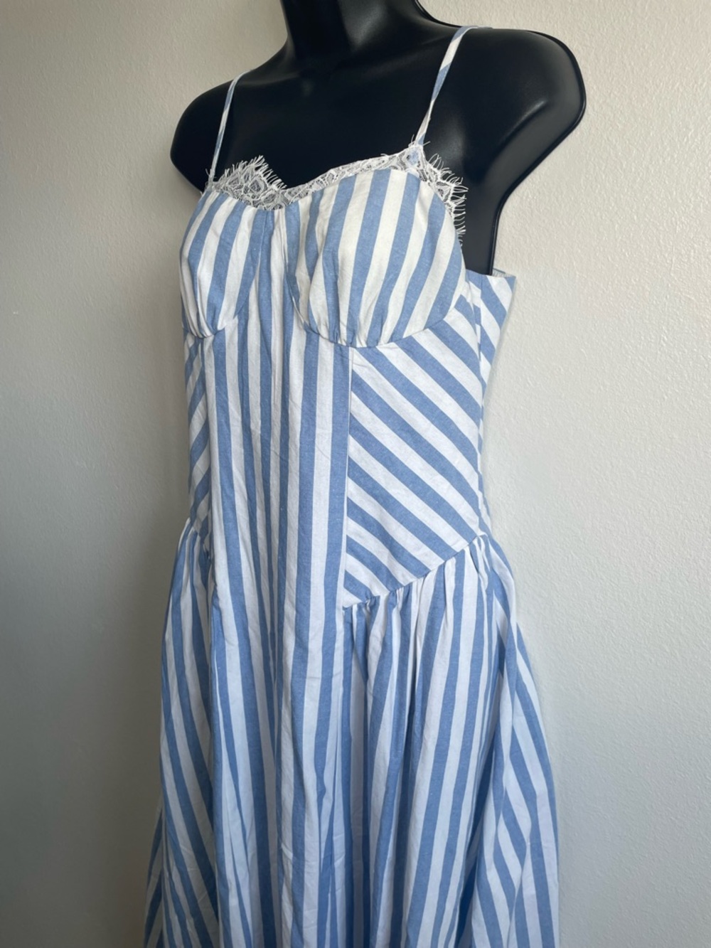 NWT Commense Blue White Striped Midi Dress Women Medium Cotton Lace Trim - Picture 4 of 11